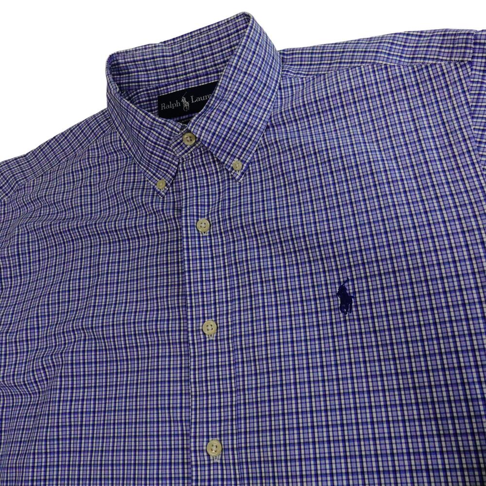 Ralph Lauren Vintage Check Plaid Blue Button Up Long Sleeve Shirt 16.5 36 37